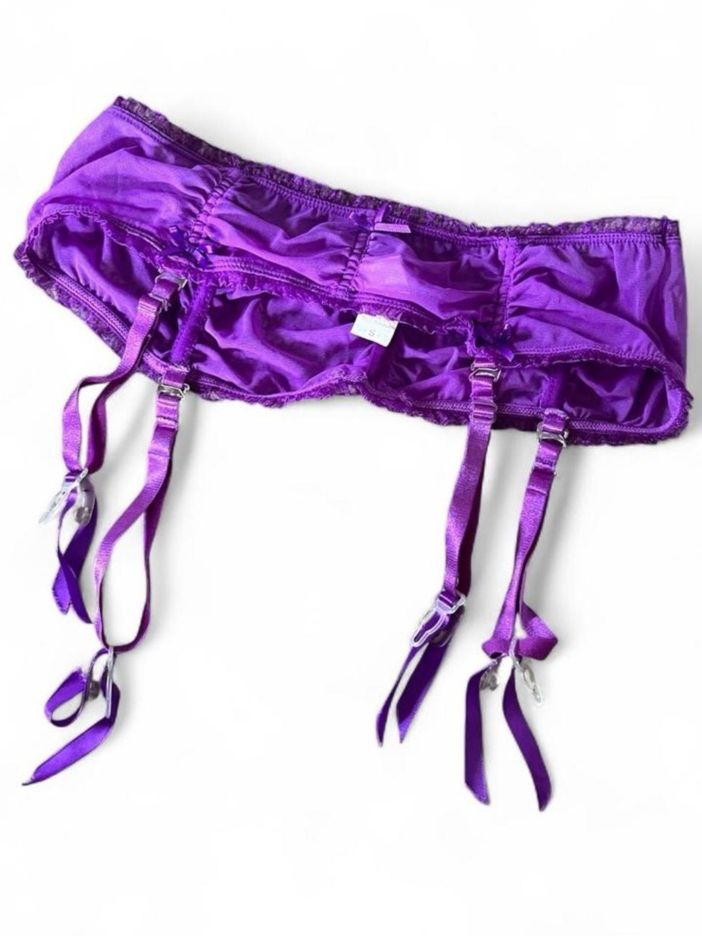 VINTAGE • FREDERICK’S OF HOLLYWOOD PURPLE MESH RUCHED BOW GARTER BELT XS SMALL